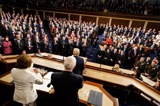House Speaker Rep. Nancy Pelosi (D-Calif.) ripping a copy of President Trump’s State of the Union address after the speech on Tuesday, Feb. 4, 2020, at the Capitol in Washington. In a blitz of retweets Wednesday morning, President Trump attacked Speaker Nancy Pelosi for tearing up a copy of his State of the Union speech. - DOUG MILLS/THE NEW YORK TIMES