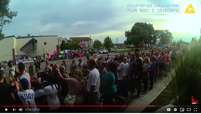 A screenshot from a compilation of Spokane Police body cam footage at a protest outside Planned Parenthood in August 2019, as posted to the right-wing YouTube page North Idaho Exposed. - SPOKANE POLICE BODY CAM FOOTAGE OBTAINED BY NORTH IDAHO EXPOSED