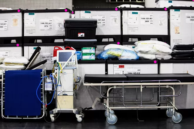 Medical equipment and supplies at the Jacob K. Javits Center in Manhattan, which the Army Corps of Engineers is retrofitting into a 1,000-bed emergency hospital, on Monday, March 23, 2020. Gov. Andrew Cuomo said Tuesday that the coronavirus infection rate in New York is now doubling every three days and could reach its apex in as soon as two weeks. - DEMETRIUS FREEMAN/THE NEW YORK TIMES