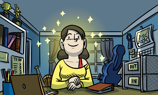 A happy, productive home-office worker, oblivious to the floating germs dancing around her. - JONATHAN HILL ILLUSTRATION
