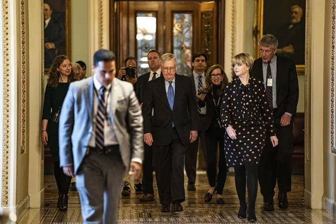 Senate Majority Leader Sen. Mitch McConnell (R-Ky.) leaves the Senate floor at the Capitol in Washington, after speaking about the coronavirus stimulus package, Tuesday, March 24, 2020. - ANNA MONEYMAKER/THE NEW YORK TIMES