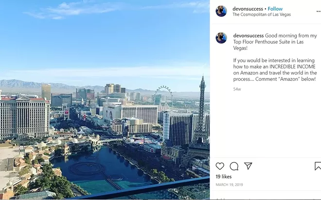 Devon Mahdi shares a penthouse screenshot during his Vegas "Hustler" conference. Mahdi used to identify himself as from Spokane, but writes that he has since moved to Southern California. - INSTAGRAM SCREENSHOT
