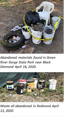 Photos show two illegal dumps of different hazardous materials, which were left at public places. Different state agencies say they've noted an uptick in people leaving their garbage on public property, and Ecology notes that hazardous materials in particular need to be safely and properly disposed of to avoid creating problems in nature. - COURTESY DEPARTMENT OF ECOLOGY