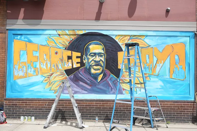 A mural to George Floyd at the intersection where he died in Minneapolis, May 28, 2020. A small Minneapolis bail fund has received millions of dollars in funding from people after the killing of George Floyd, a black man who died on Memorial Day after a white police officer pinned him to the ground with his knee. - JENN ACKERMAN/THE NEW YORK TIMES