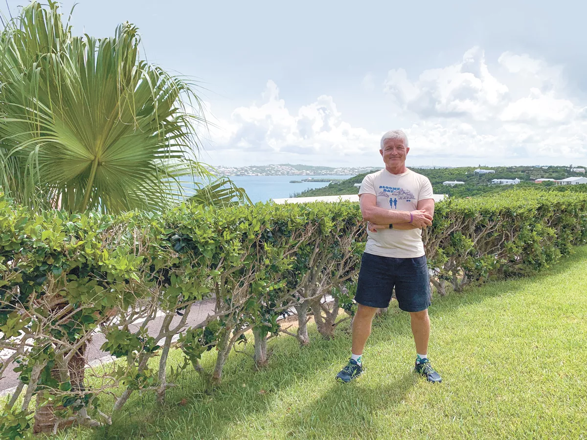 Rory Gorman in his 1980 Bloomsday finisher shirt overlooking Harrington Sound in Bermuda, where he will run Bloomsday this year.