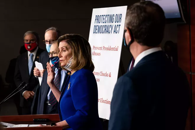 House Speaker Nancy Pelosi (D-Calif.) addresses a news conference in Washington, Sept. 23, 2020, where House Democrats unveiled a far-reaching package of proposed government changes meant to protect federal watchdogs, bulk up congressional oversight powers, constrain presidential pardon power and impose new penalties on presidential appointees who participate in political activities while on the job. - ANNA MONEYMAKER/THE NEW YORK TIMES