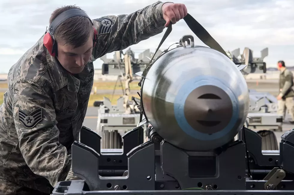 Taylor Bechtol, then an Air Force staff sergeant, with munition at Joint Base Elmendorf-Richardson in Alaska on Oct. 26, 2018. Bechtol has been linked to the Boogaloo Bois. - JONATHAN VALDES/USAF