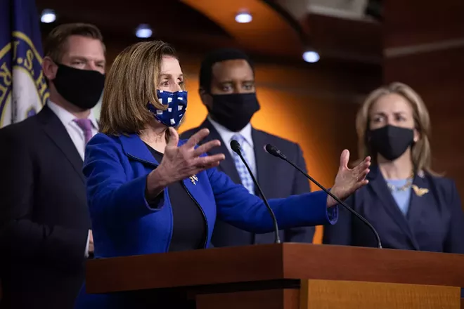 House Speaker Nancy Pelosi (D-Calif.), alongside House impeachment managers, speaks during a press conference at the U.S. Capitol in Washington on Saturday, Feb. 13, 2021, after the conclusion of former President Donald Trump's second Senate impeachment trial. Following the acquittal of former President Donald Trump, there are growing calls among lawmakers for a bipartisan commission to investigate the administrative and law enforcement failures that failed to stop the Jan. 6 attack on Capitol Hill and recommend changes for how to prevent another siege. - ALYSSA SCHUKAR/THE NEW YORK TIMES