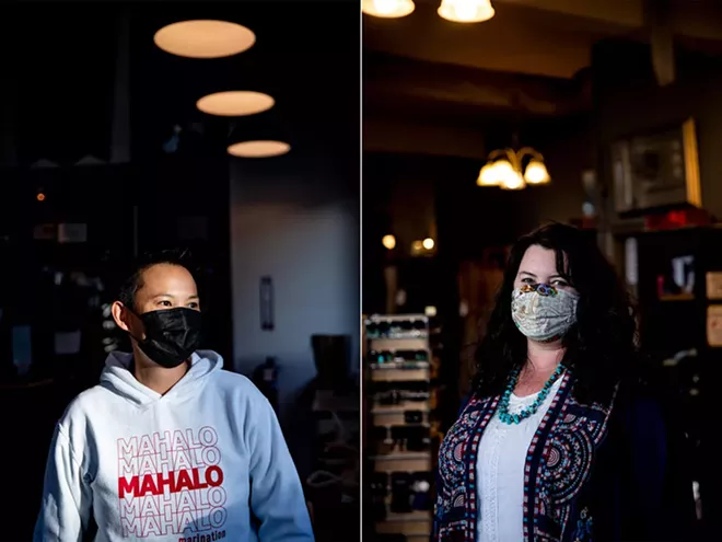 From left, Roz Edison, co-owner of the Super Six restaurant, and Lisa Michaud, owner of the consignment shop Two Big Blondes; both were photographed on Feb. 9, 2020. - DOROTHY EDWARDS/CROSSCUT