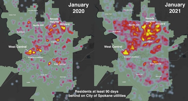 Unpaid city utility bills have absolutely exploded across Spokane, with northeast Spokane suffering the most. - CITY OF SPOKANE MAP/ DANIEL WALTERS ANNOTATIONS