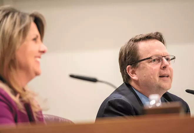 Spokane Mayor Nadine Woodward says the idea of bringing Breean Beggs (right) to the negotiating table came from the police union. - DANIEL WALTERS PHOTO