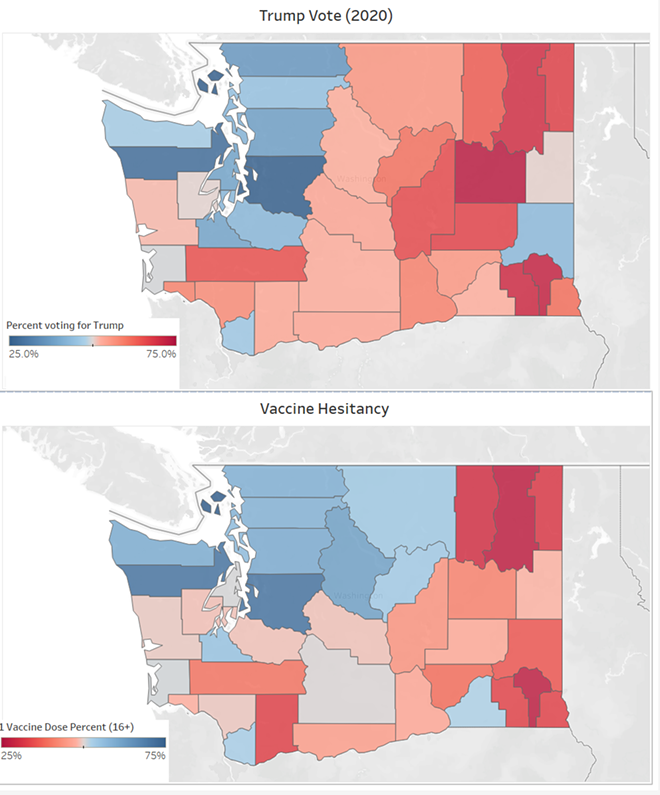 Liberal counties are doing a lot better than conservative counties at getting vaccinated - DANIEL WALTERS DATA VISUALIZATION