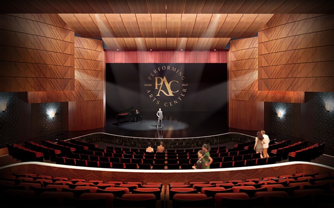 The main stage inside the new Spokane Valley Performing Arts Center is planned to seat 500 people, while a smaller studio theater will seat 200. Another event space on the third floor will have room for about 400 people. - ILLUSTRATION COURTESY SPOKANE VALLEY PERFORMING ARTS CENTER