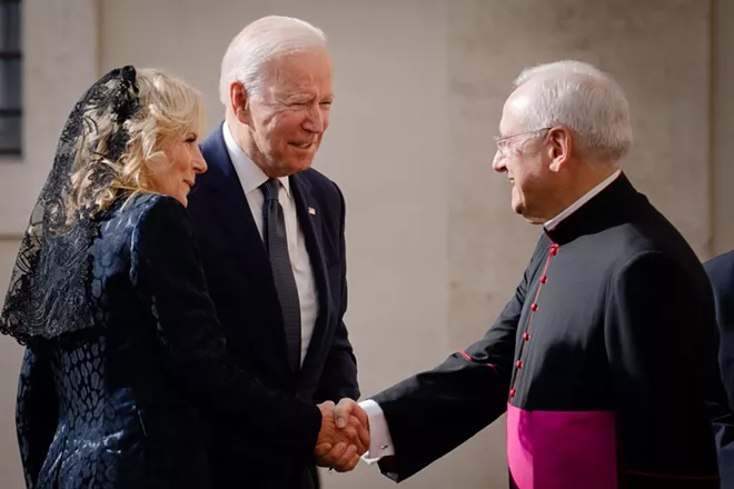 President Joe Biden and first lady Jill Biden greet Monsignor Leonardo Sapienza upon arriving at Vatican City for an audience with Pope Francis on Oct. 29, 2021. The Roman Catholic bishops of the United States backed away from a direct conflict with President Biden on Wednesday, Nov. 17, approving a new document on the sacrament of the eucharist that does not mention the president or any politicians by name. - ERIN SCHAFF/THE NEW YORK TIMES