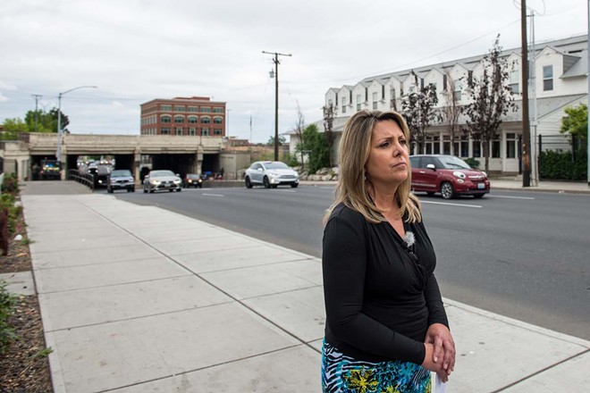 Nadine Woodward is seen near House of Charity and the Browne Street viaduct during a 2021 press conference about conducting homeless sweeps. - DANIEL WALTERS PHOTO