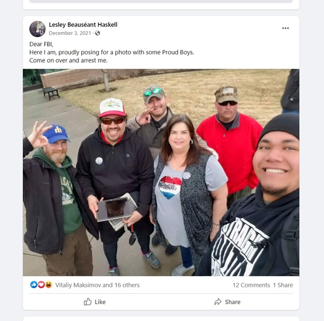 Lesley Haskell standing proudly with right-wing extremists. - FACEBOOK SCREENSHOT