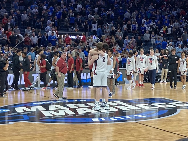 Chet Holmgren and Drew Timme share an embrace after the Sweet 16 loss to Arkansas. - SETH SOMMERFELD