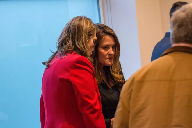 Idaho lieutenant governor candidate Priscilla Giddings (left) speaks with gubernatorial candidate Janice McGeachin at a Moscow, Idaho, campaign event in April. - DANIEL WALTERS PHOTO