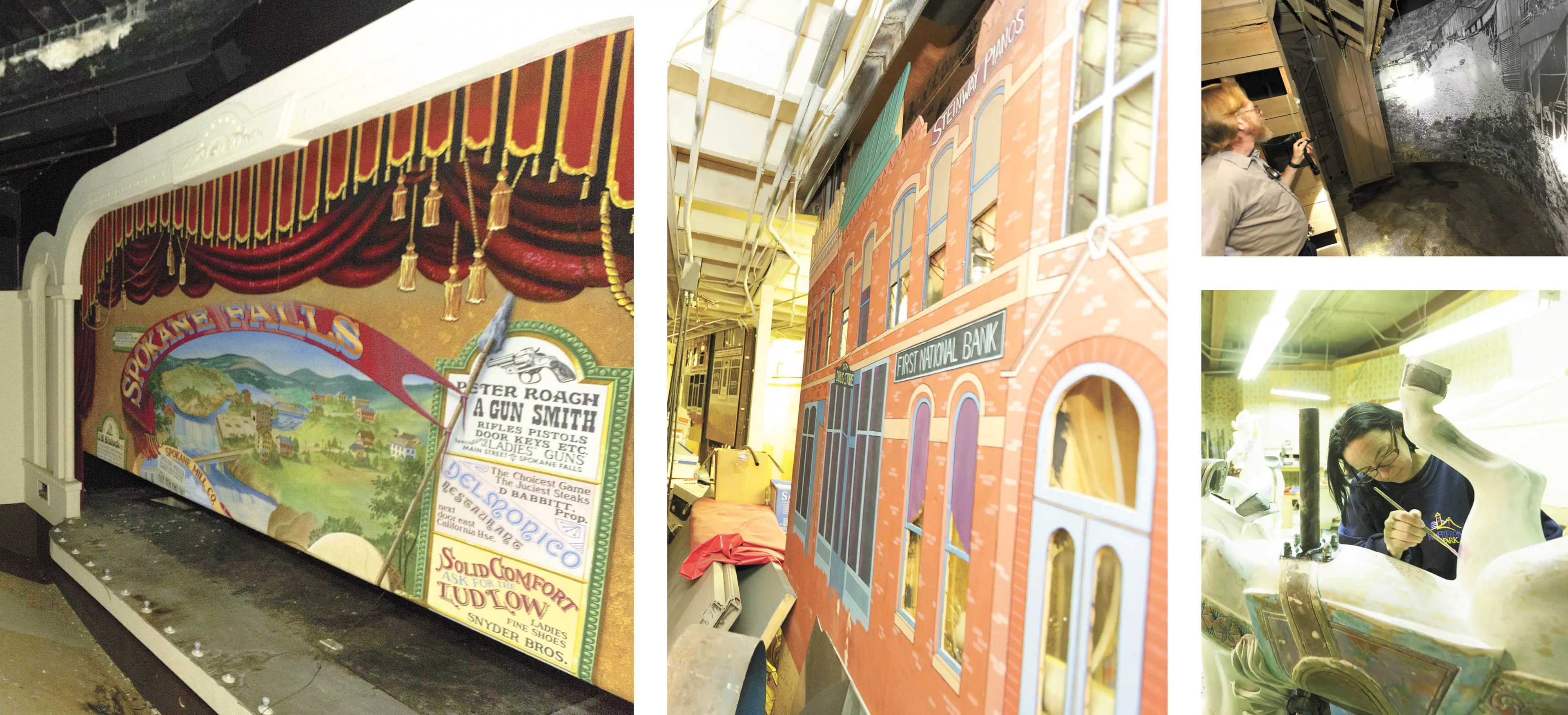 The Spokane Story exhibit included a pioneer-themed stage and a recreation of Spokane at the time of the Great Fire. TOP RIGHT: David Randolph, Riverfront Park's facilities foreman. BOTTOM RIGHT: Today the space is occupied by preservationists like Wendy Hayes, who keep the Looff Carrousel spinning. - YOUNG KWAK