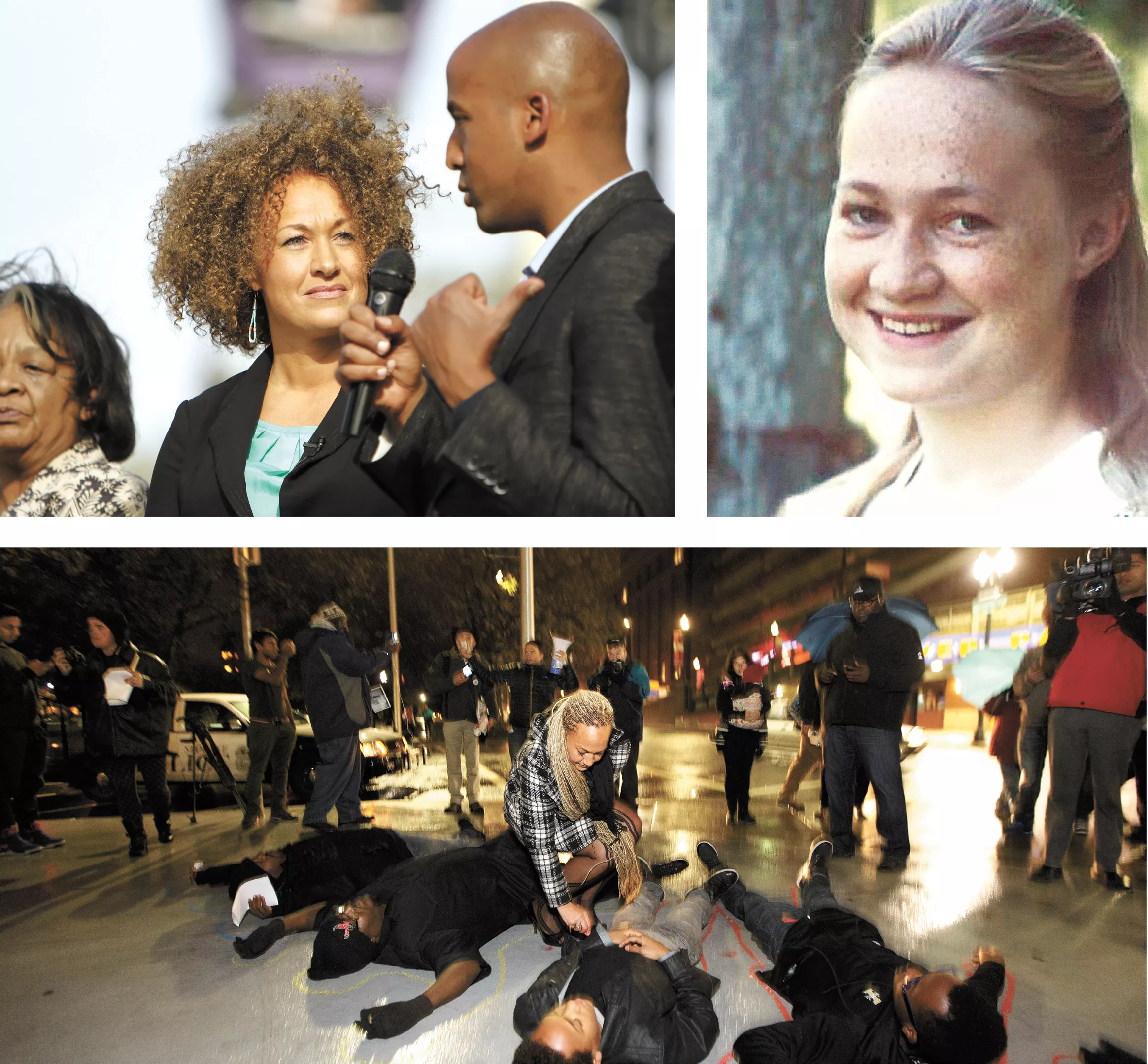 FROM LEFT: Rachel Dolezal, filming an introduction video to the NAACP’s Moral Mondays discussion series in May; at a Ferguson solidarity rally in November; Dolezal pictured in her youth.