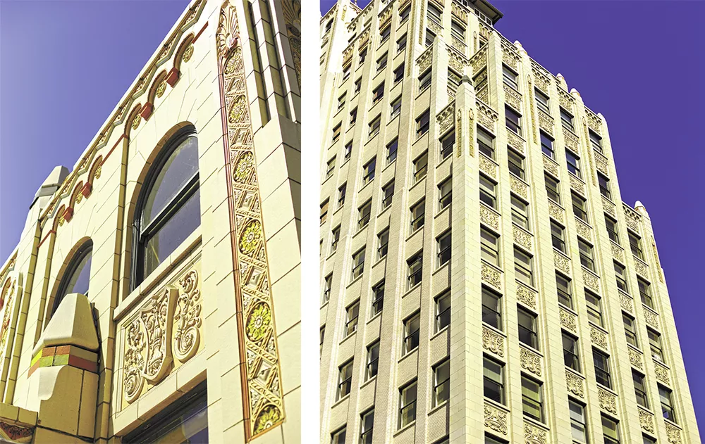 The Paulsen Medical and Dental Building (1929), designed by Swedish-born architect G.A. Pehrson, was one of the last major buildings to be constructed in downtown Spokane before the stock market crashed in October 1929. Pehrson designed it in the Art Deco style with Spanish and Moorish styled detailing.