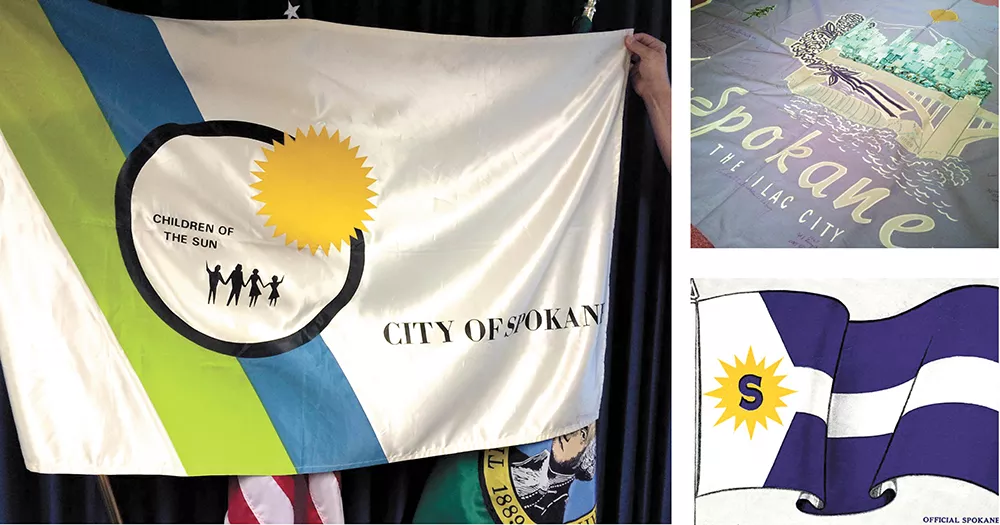 Spokane's current flag (above), along with the first (bottom right) and second city flags (top right).
