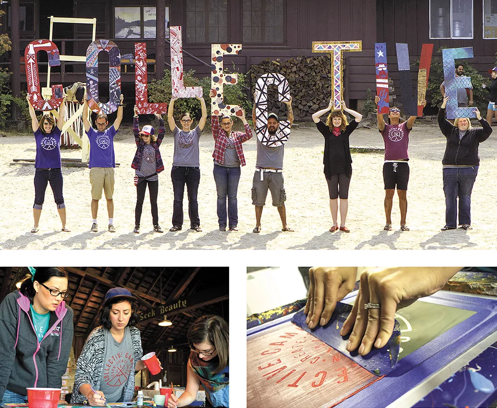 Collective campers on Lake Coeur d'Alene engaged in workshops ranging from design (bottom left) to screenprinting (bottom right). - CHAD RAMSEY AND DOUG CRABTREE PHOTOS
