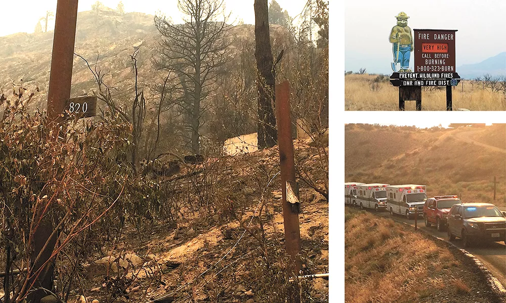 CLOCKWISE, from left: A burned house outside of Omak; a road sign between Chelan and Okanogan; a procession for the fallen firefighters. - SCOTT A. LEADINGHAM