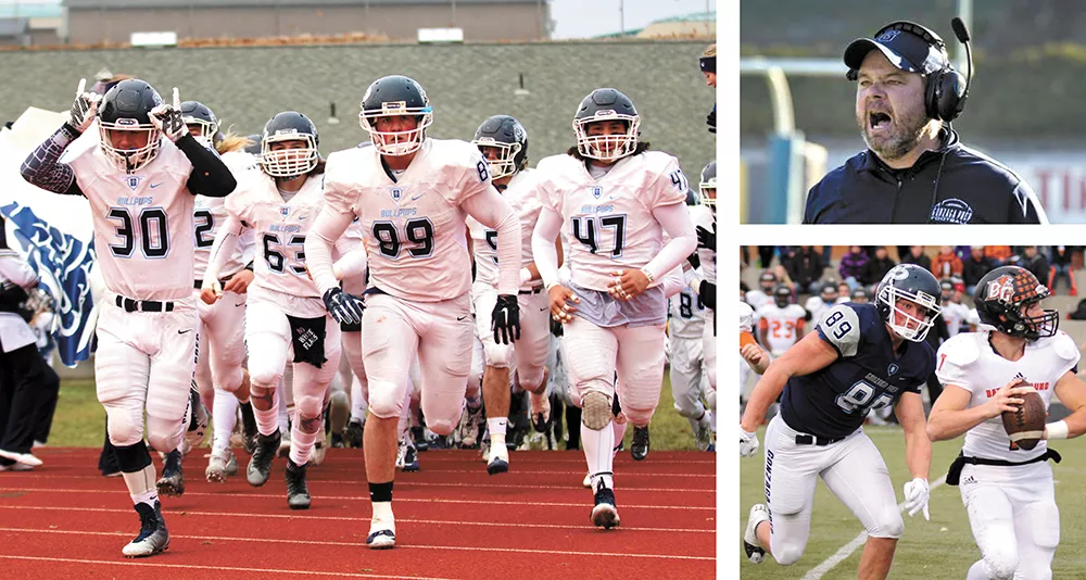 The undefeated Bullpups, left, led by Evan Weaver (No. 89) and Coach Dave McKenna (above right). - GREGG REPETTI PHOTOS