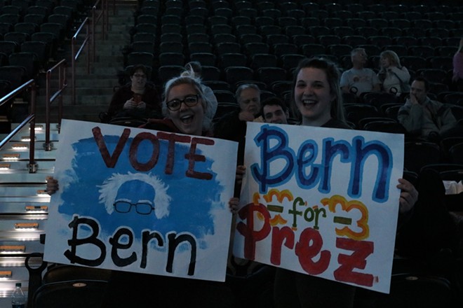 When asked what they liked about Sen. Sanders, college students Carlie King (right) and Vanessa Beach (left) proudly exclaimed "Everything!" - MEG MACLEAN