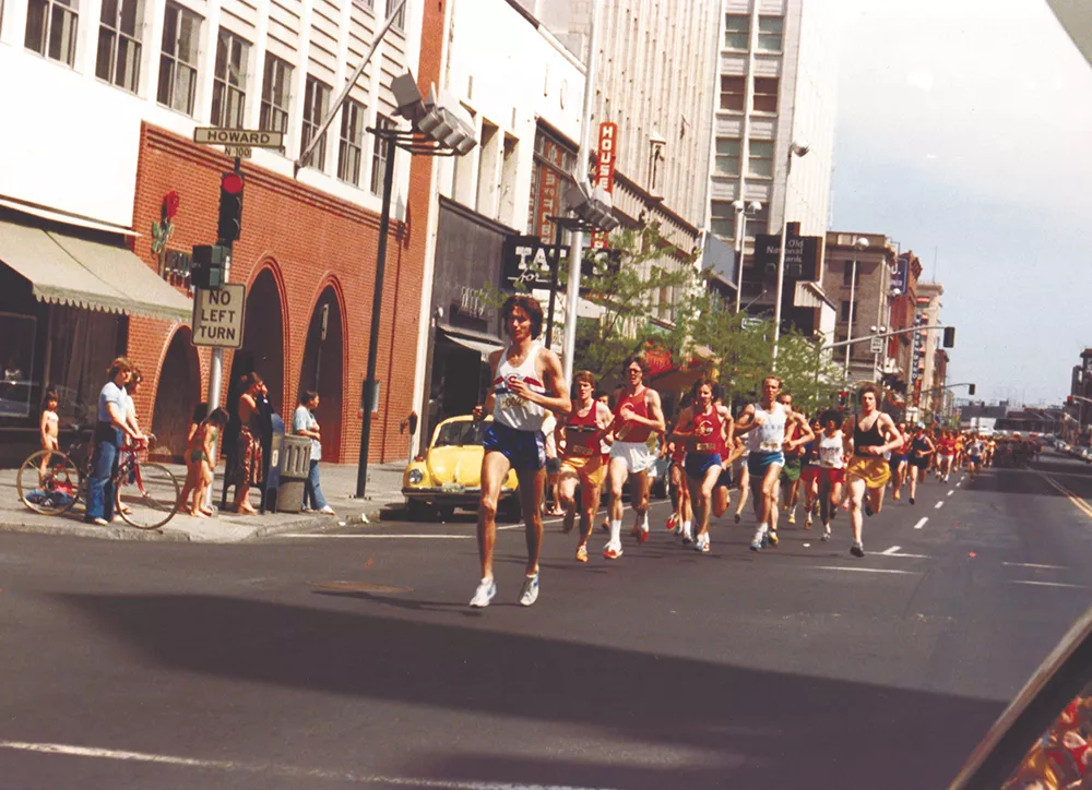 The head of the pack at the first Lilac Bloomsday Run in 1977, with founder Don Kardong leading the way.