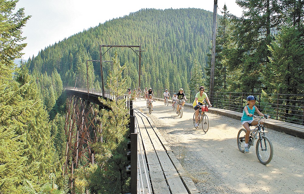 The Hiawatha Bike Trail runs along a former train track and connects Idaho and Montana.