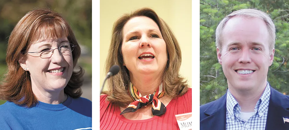 County Commissioner Nancy McLaughlin (left) is defending her seat against challengers Candace Mumm and Josh Kerns.