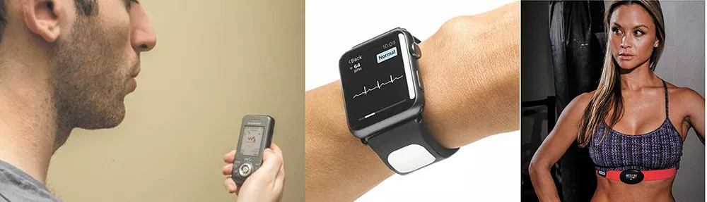 (left to right) The SpiroCall can measure lung function with a phone call; the Kardia attachment to your Apple Watch can deliver an EKG in 30 seconds; The MyZone sports bra sends a signal to smartphones allowing wearers to view their heart rate.