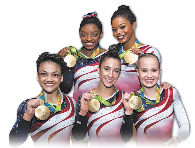 The gold medal-winning U.S. women's gymnastics team heads to Spokane next week. CLOCKWISE FROM TOP: Simone Biles, Gabby Douglas, Madison Kocian, Aly Raisman and Laurie Hernandez.