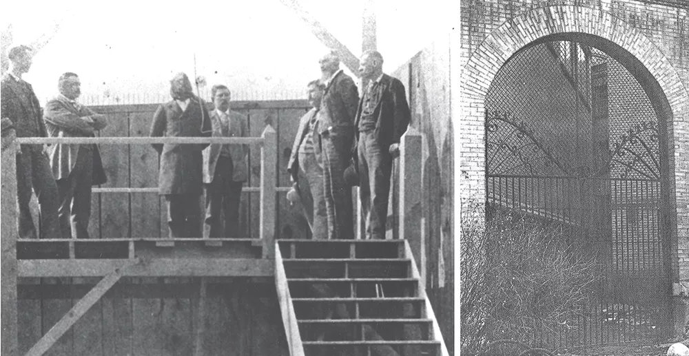 (Left) Charles Brooks, Spokane County's first official hanging victim, moments before his death; (right) the "gallows gates" as they stood until they were torn down in 1970. - COURTESY OF SPOKANE LAW ENFORCEMENT MUSEUM