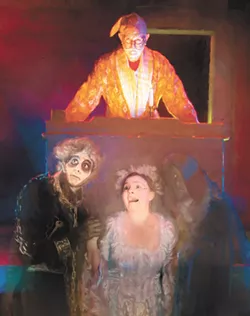 Ron Weeks as Scrooge; Blake King-Krueger as Marley (left), Emily Geddes as the Ghost of Christmas Past and Tim Linton as the Ghost of Christmas Future (right). - CHRIS WOOLEY