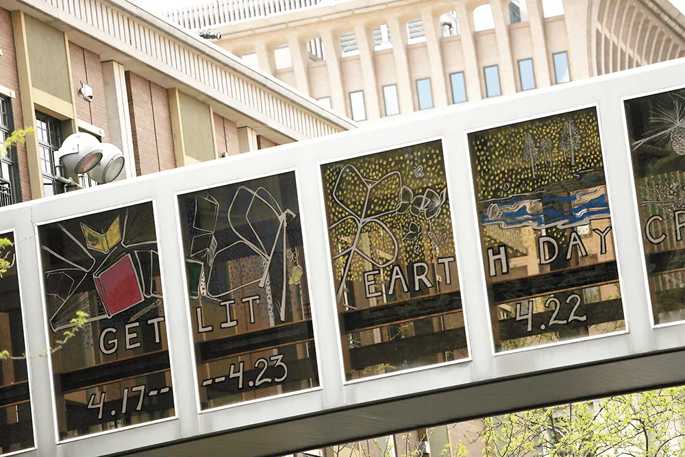 Artist Mallory Ware sprinkles familiar Spokane landmarks in a skywalk that stretches across Main Avenue. - YOUNG KWAK