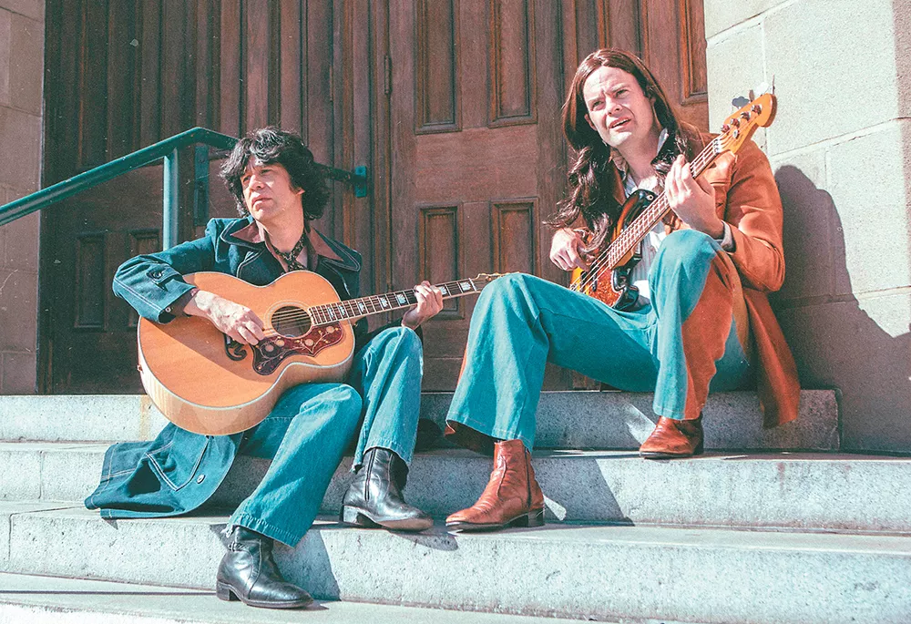 Armisen and Bill Hader as members of the Blue Jean Committee on Documentary Now (left); Armisen as Robert Durst on Unbreakable Kimmy Schmidt.