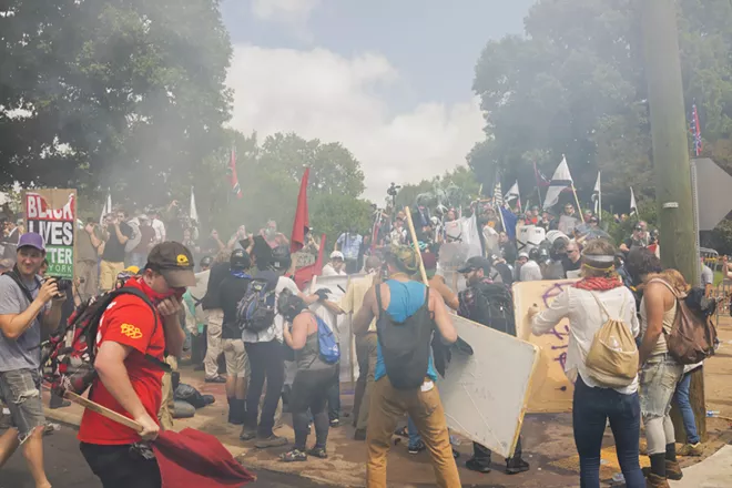 Confrontations in the streets of Charlottesville, Va., where white nationalists faced counterprotestors at a planned protest, billed as a “Unite the Right” rally, Aug. 12, 2017. The demonstration, which both organizers and critics had said was the largest gathering of white nationalists in recent years, turned violent almost immediately; a car that plowed into a crowd of counterprotesters later left at least one person dead and at least 19 injured. - MATT EICH/THE NEW YORK TIMES