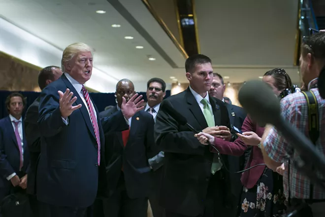 President Donald Trump at a news conference in the lobby of Trump Tower in Manhattan, Aug. 15, 2017. Under fire for defending racist activist groups, Trump said on Twitter on Aug. 17 that he was “sad” to see United States’ history torn apart by the removal of “our beautiful statues and monuments,” echoing a popular refrain of white supremacist groups that oppose the removal of Confederate monuments. - AL DRAGO/THE NEW YORK TIMES
