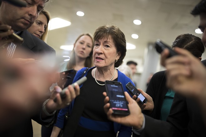Sen. Susan Collins (R-Maine) speaks to reporters on Capitol Hill in Washington, Sept. 18, 2017. Collins said she had “a number of serious reservations” about the latest proposal to repeal and replace the Affordable Care Act. - TOM BRENNER/THE NEW YORK TIMES