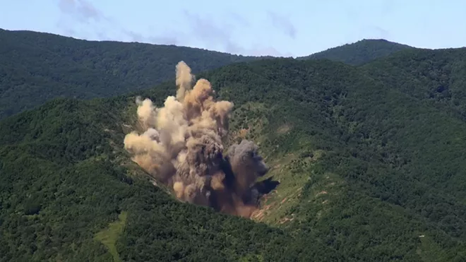 In an undated handout photo, a bomb hits a mock target at the Pilseung Firing Range in Gangwon-do, South Korea. On Tuesday, Aug. 29, 2017, North Korea sent an intermediate-range ballistic missile over the Japanese island of Hokkaido, into a spot in the Western Pacific almost 1,700 miles away, which may have been a more realistic test of the type of missile the nation’s leader, Kim Jong-un had threatened to use to strike near the American territory of Guam. - SOUTH KOREAN DEFENSE MINISTRY VIA THE NEW YORK TIMES