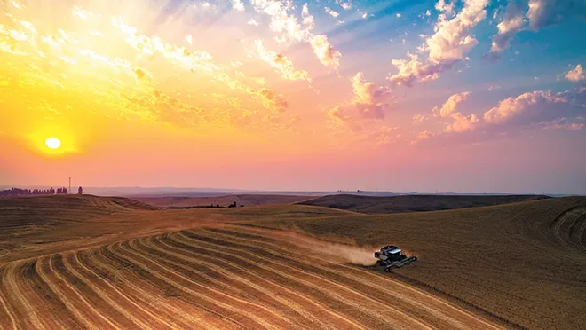 Jared Cocking drives his combine through his Palouse farm. "That evening the skies were smoky from the many fires in the northwest," comments Eric Weitze. - ERIC WEITZE PHOTO