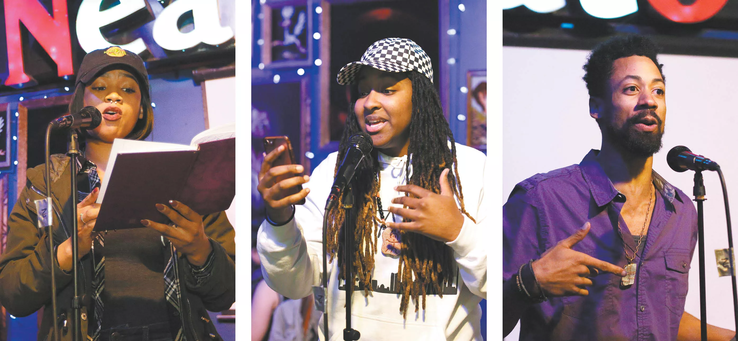 The founders of Power 2 the Poetry (from left: Lynn'Marie White, Bethany Montgomery and AJ McKinney) take advantage of every open mic they can find. - YOUNG KWAK
