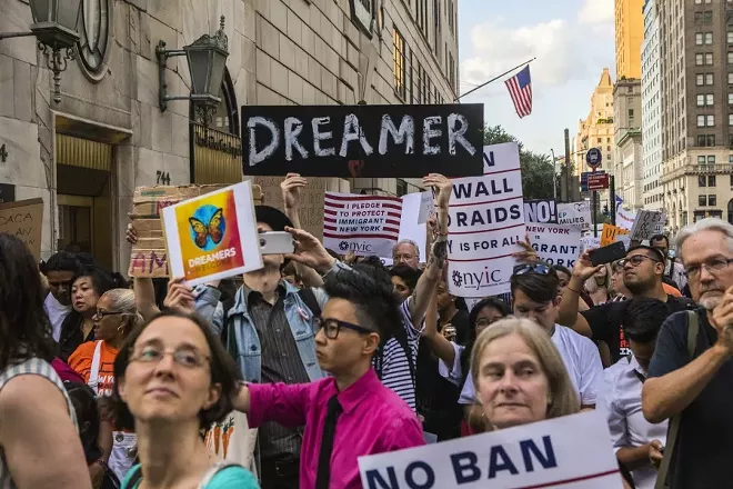 People protest the Trump administration’s plans to cancel the Deferred Action for Childhood Arrivals march on Trump Tower in Manhattan, Aug. 30, 2017. The U.S. Supreme Court on Feb. 26, 2018, rejected an unusual request from the Trump administration to decide whether it was entitled to shut down a program that shields some 700,000 young, undocumented immigrants from deportation. - HIROKO MASUIKE/THE NEW YORK TIMES