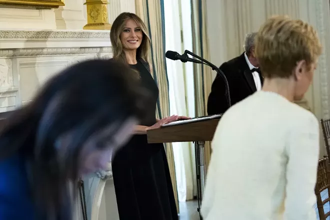 First lady Melania Trump delivers remarks in the State Dining Room for an International Women’s Day luncheon at the White House in Washington, March 8, 2017. - DOUG MILLS/THE NEW YORK TIMES