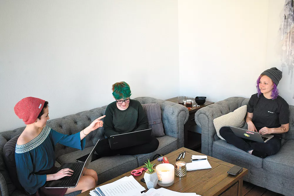 Middle schoolers Tula Webber (left), Clara DePaolo and Abby Baker prepare speeches for their March 14 walkout honoring the Florida school-shooting victims. - WILSON CRISCIONE