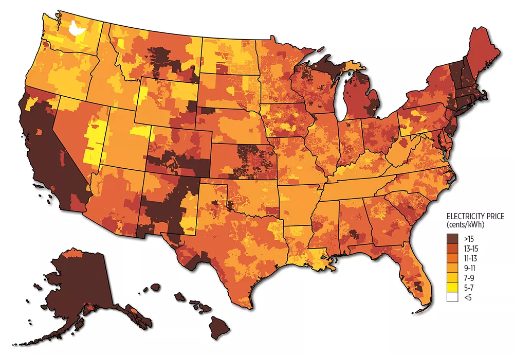 Annual average electricity rates by utility service territory. The map combines data provided by ABB Energy Velocity Suite and state averages reported by EIA. - BILLY J. ROBERTS/DEPARTMENT OF ENERGY ILLUSTRATION