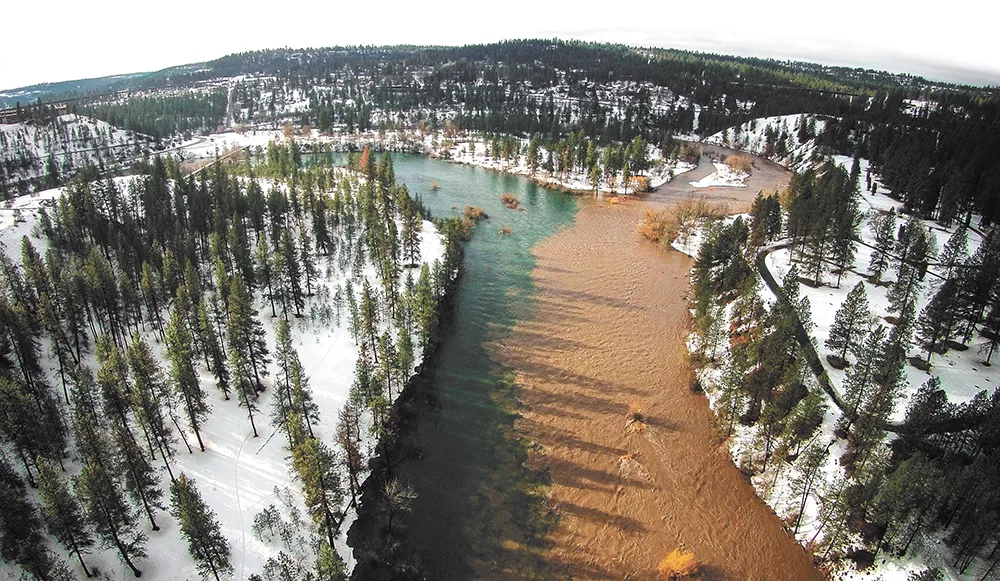 A 2017 drone photo, from Cutboard Studio, shows Hangman Creek choked with dirt and pollution, shortly before spawning season for redband trout. - CUTBOARD STUDIO PHOTO